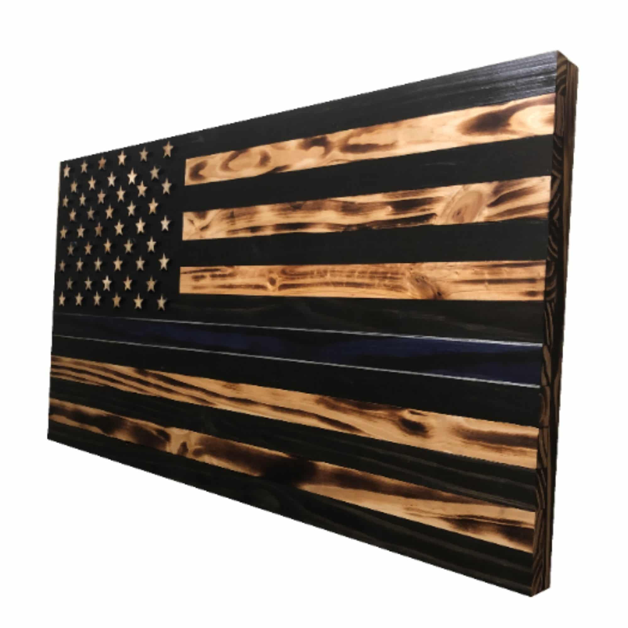 36" x 19" Large Hand-Crafted Thin Blue Line Wood American Flag for our Police 